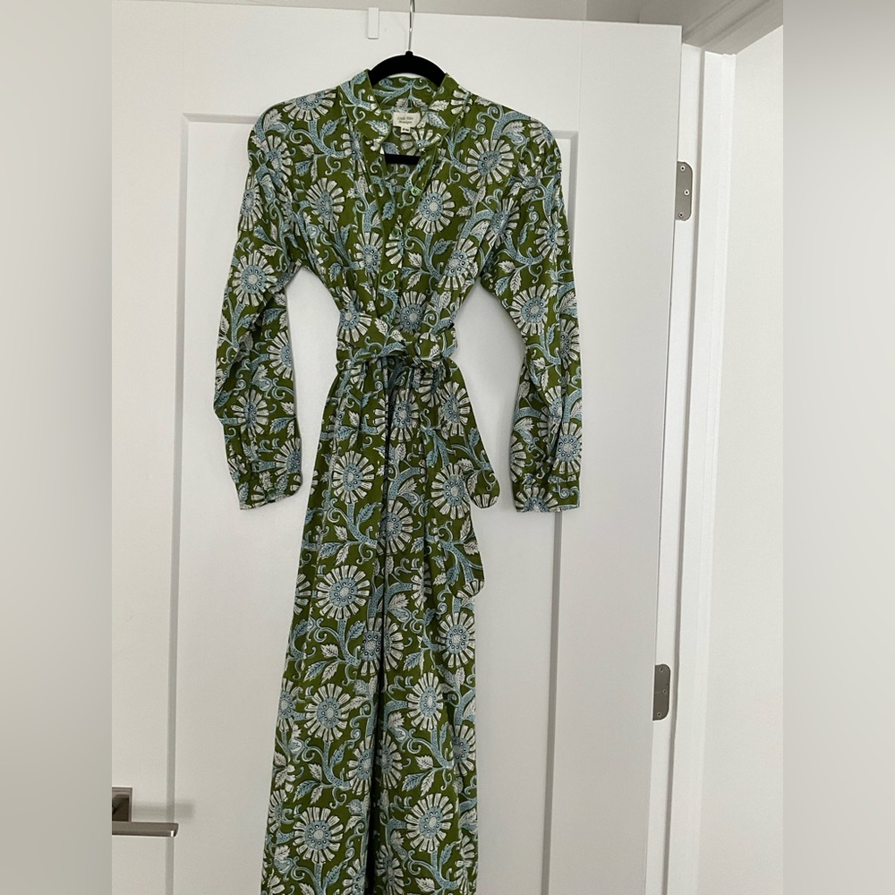 Cotton Voile Maxi Dress, S/M, Green blue print, detachable belt, little tibet